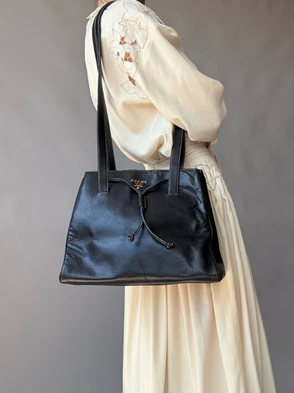 Vintage Black Prada Saffiano Leather Drawstring Tote